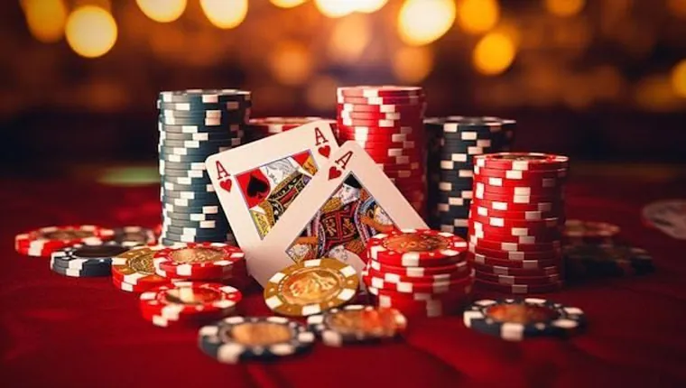 A golden trophy surrounded by casino chips and bonus symbols